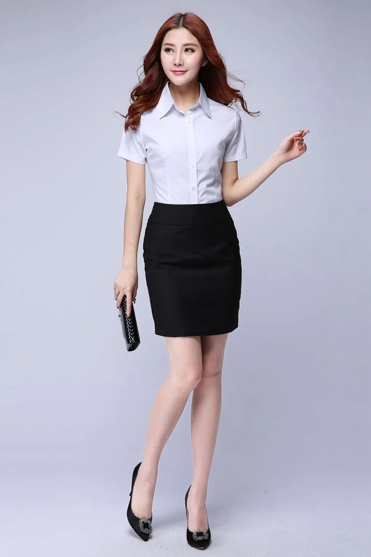 Young woman in a white short sleeve shirt and black skirt, showcasing a youthful office style for women.