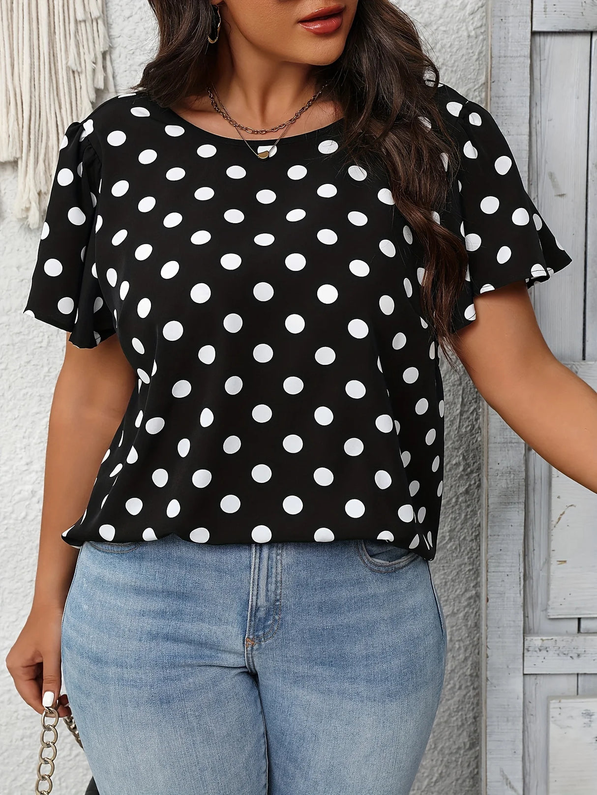 Women Plus Size Spot Print Bow Shirt