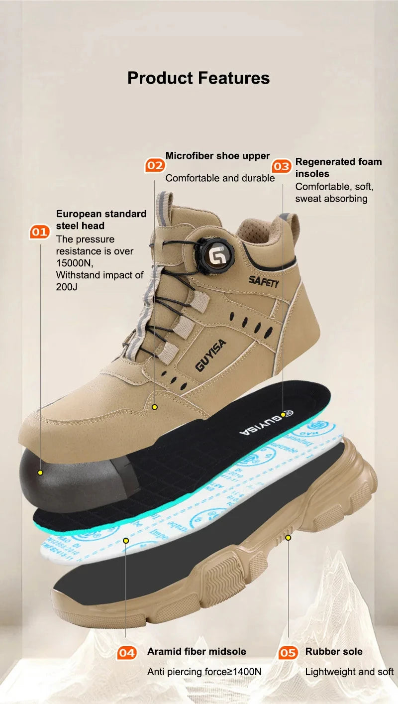 Men Rotating Button Steel Toe Safety Work Shoes