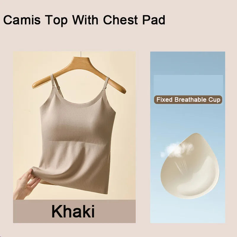 Khaki camisole top with chest pad, featuring breathable cup for comfort and support, perfect for casual wear.