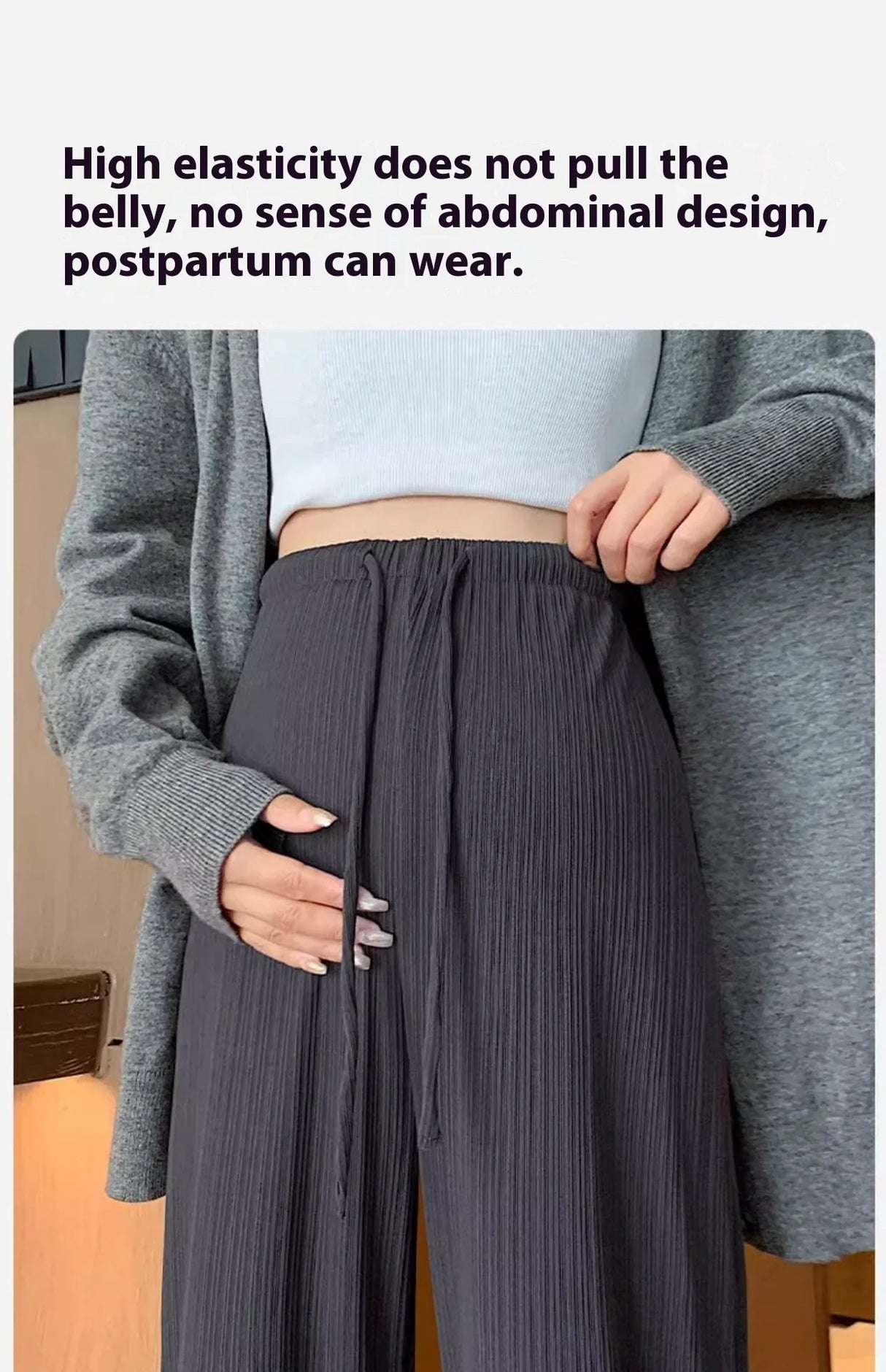 Wide-leg maternity pants with high elasticity, featuring a drawstring waist for belly comfort, ideal for postpartum wear.