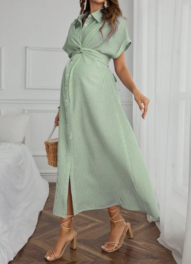 Striped short sleeve maternity dress in green, featuring a tie front, A-line silhouette, perfect for casual summer wear.