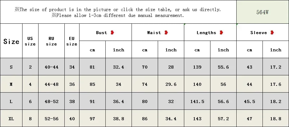 Size chart for Off Shoulder Mermaid Wedding Dress 564W, including measurements for bust, waist, lengths, and sleeve sizes.