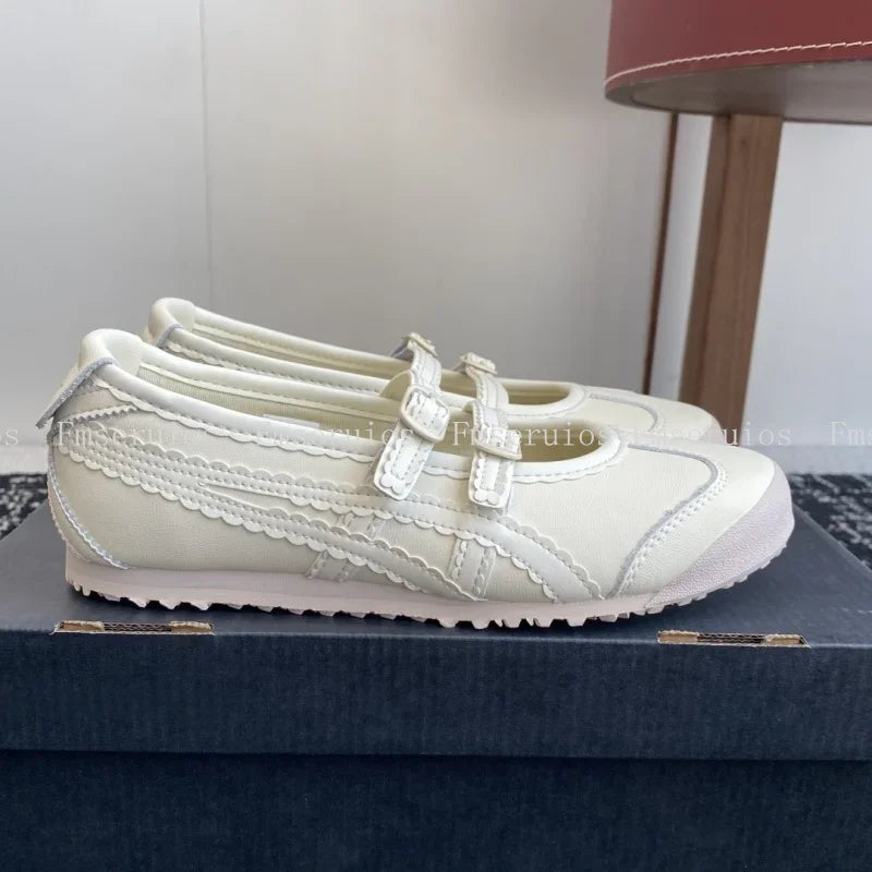 Women Ballet Flats Round Toe Lace Genuine Leather