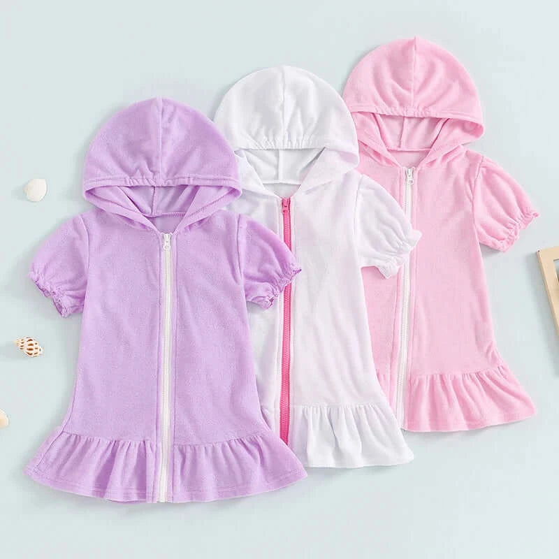 Toddler girls short sleeve zipper hooded dresses in purple, white, and pink with ruffle hem.