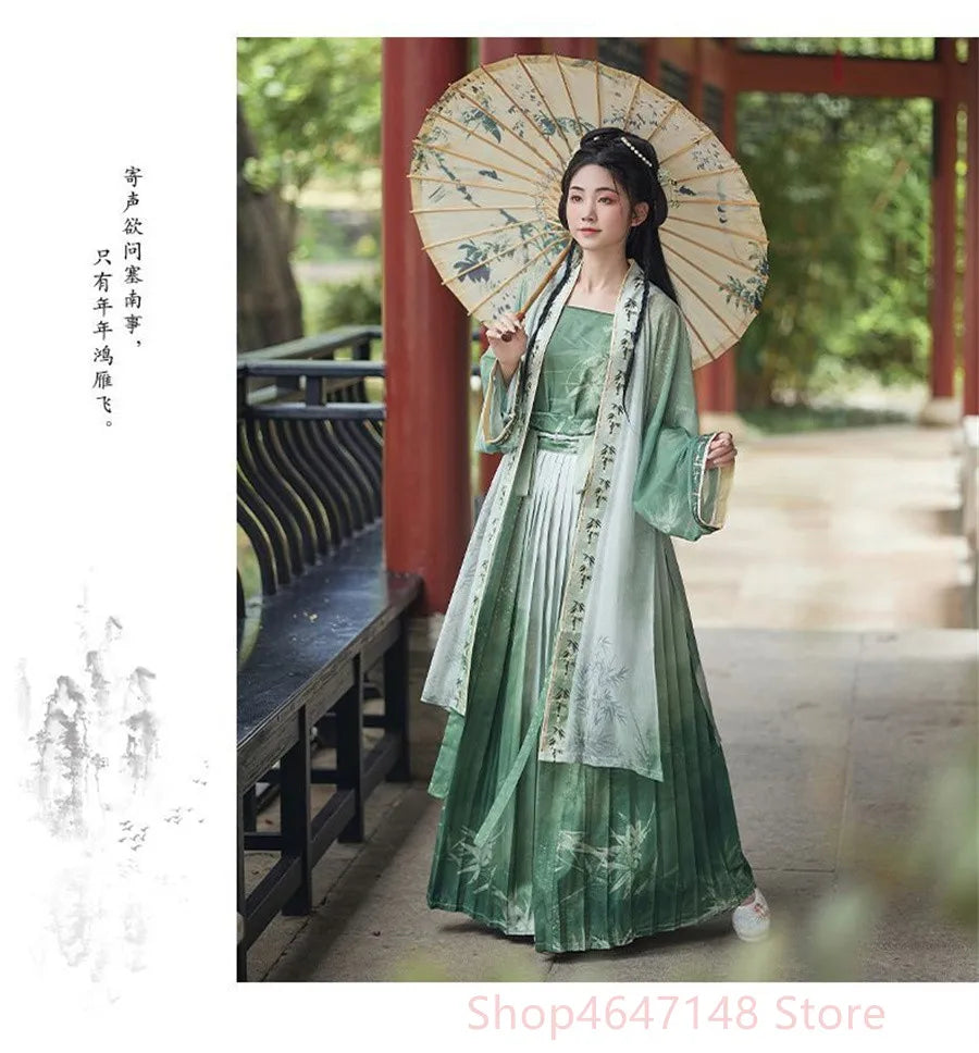 Women’s Hanfu Cosplay in green dress with umbrella, made from LYCRA and polyester, showcasing elegant traditional style.