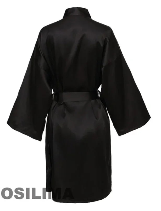 Back view of Team Bride Satin Robe in black, featuring a smooth fabric and belted waist, ideal for brides and bridal parties.