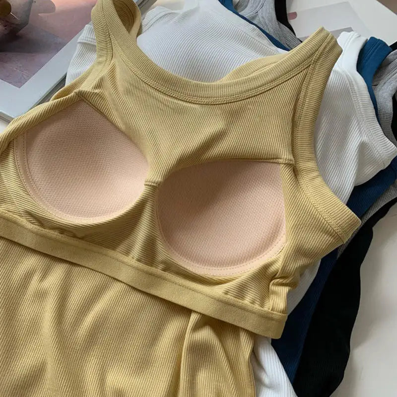 SlimCotz™ padded cotton camis in beige and layered colors, featuring a slim fit for summer wear, lightweight and breathable.