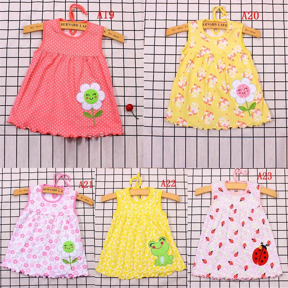 Assorted baby girl sleeveless cotton summer dresses in floral and playful patterns, suitable for newborns and toddlers.