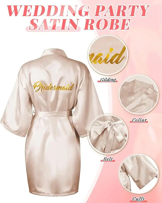 Elegant satin bridesmaid robe featuring gold lettering, perfect for wedding parties and bridal showers.