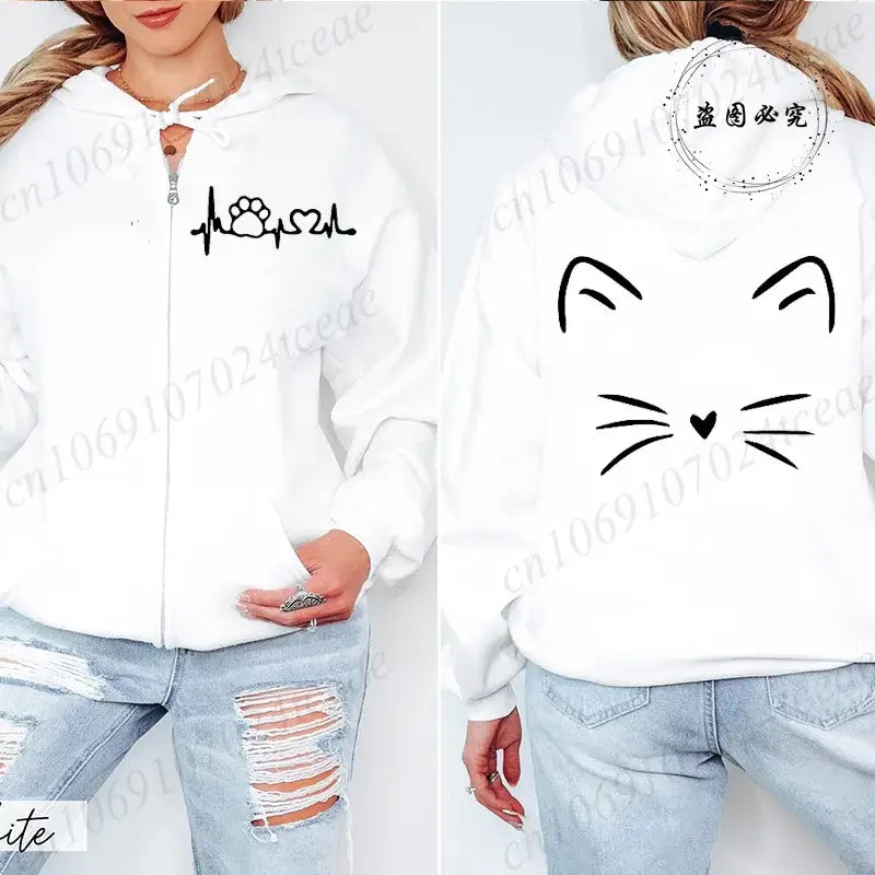 Women Cat Print Zip Hoodie Jacket Streetwear Coat