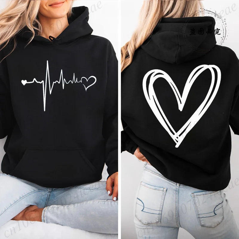 Women's Heartbeat Print Retro Hoodie