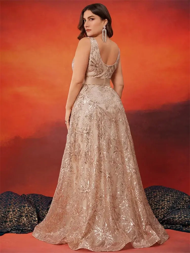 Women Plus Size V-Back Sequin Evening Cocktail Dress