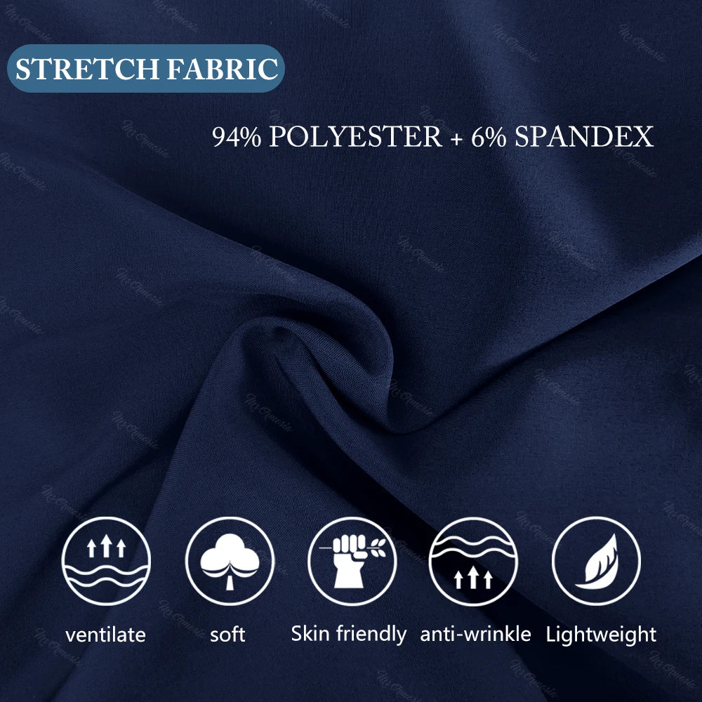 Navy blue stretch fabric showing 94% polyester and 6% spandex with features like breathable, soft, and lightweight.
