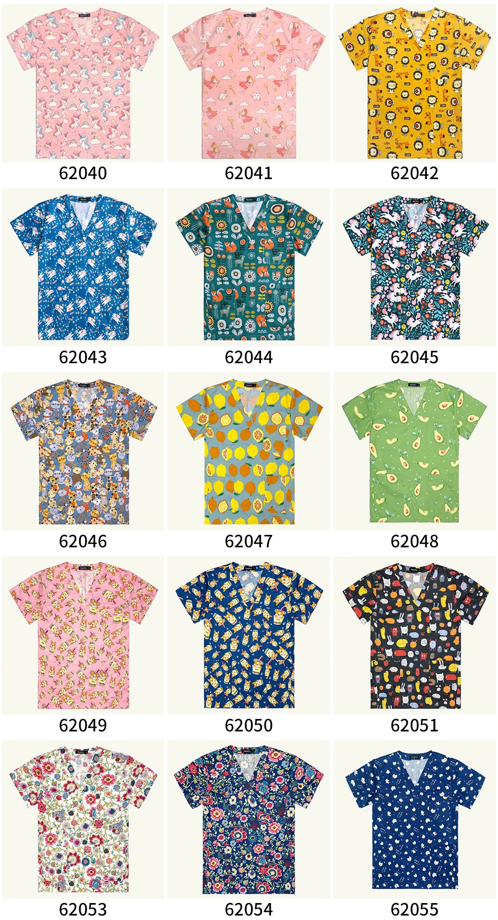 Colorful women's hospital nurse scrubs featuring various floral and anime patterns, breathable cotton fabric.