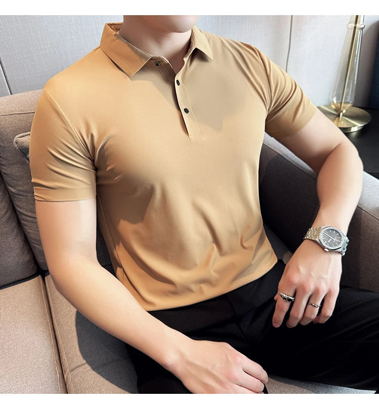 Men Ice Silk Polo Shirt Brown Top