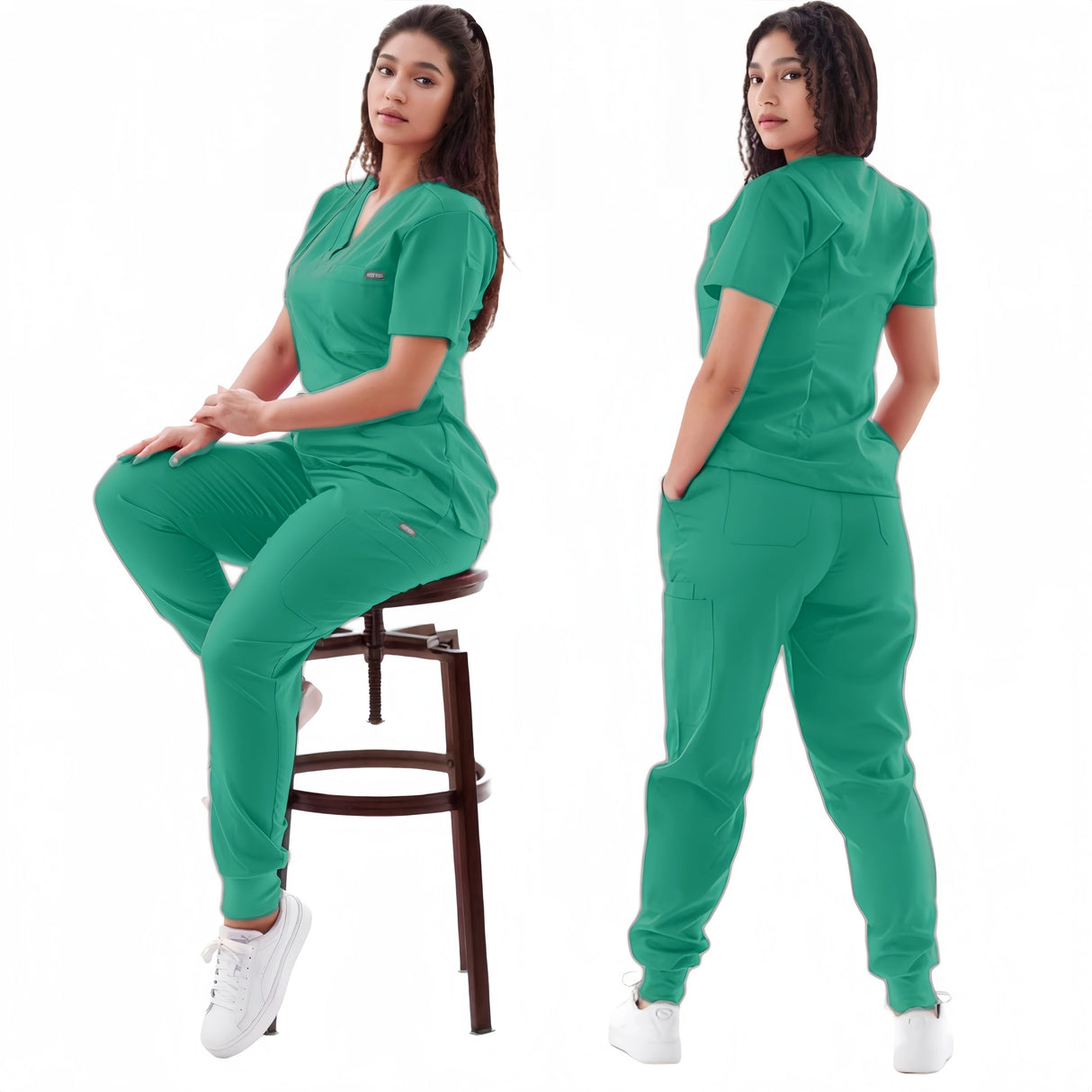 Breathable women's medical scrub sets in green, featuring elastic short sleeves and comfortable fit for healthcare professionals.