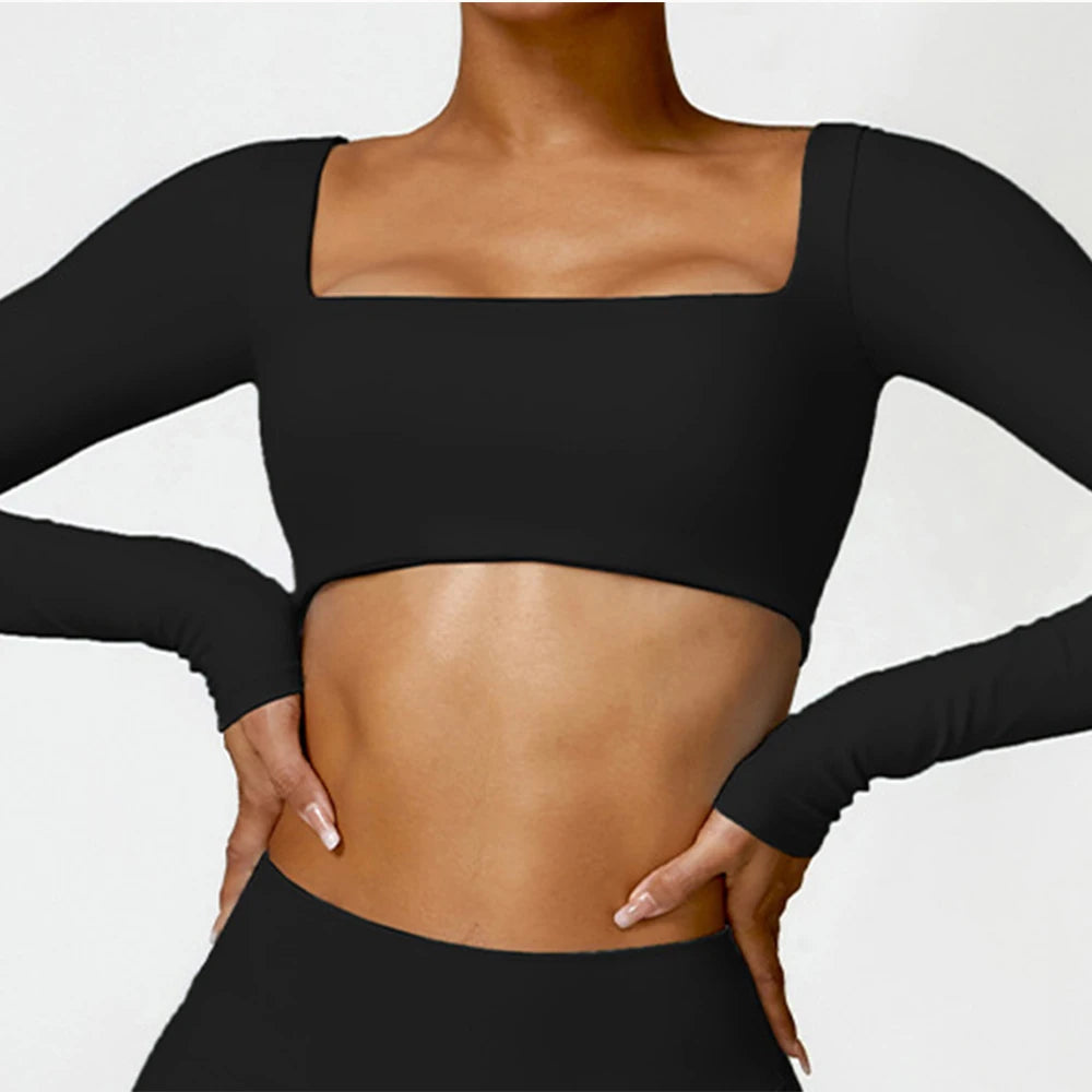 Women's Seamless Long Sleeve Yoga Crop Top – Quick-Dry Square Neck Gym Shirt