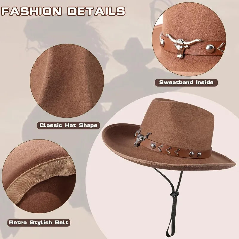 Fashion details of a brown cowboy hat featuring a classic shape, sweatband, and stylish retro belt.