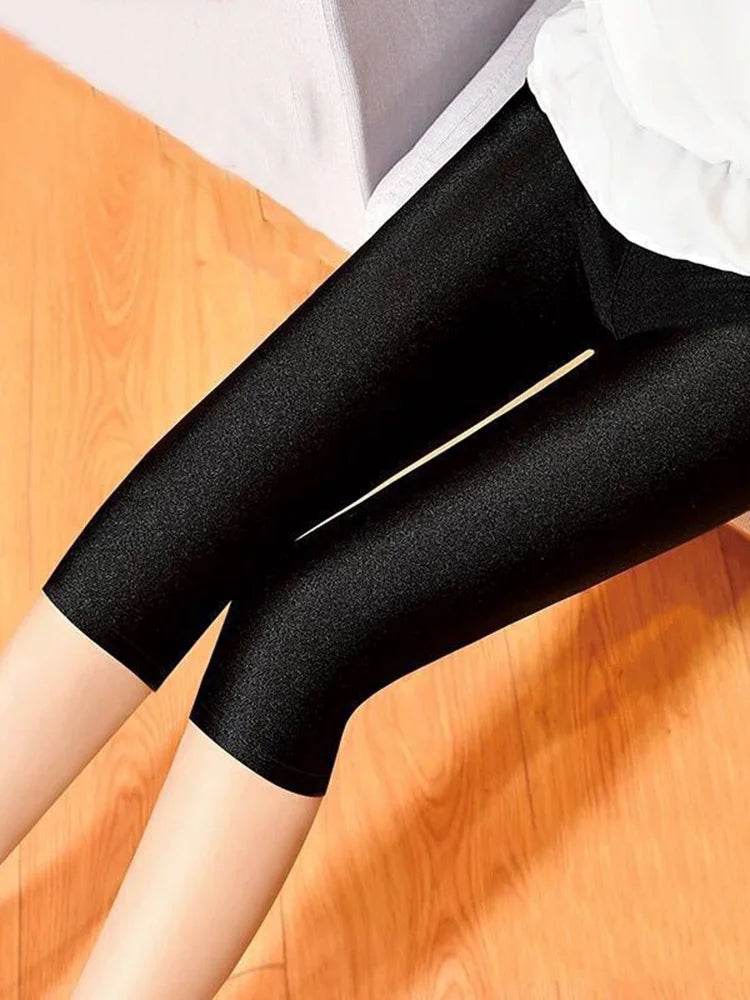 Women Shiny Neon Spandex Capri Leggings