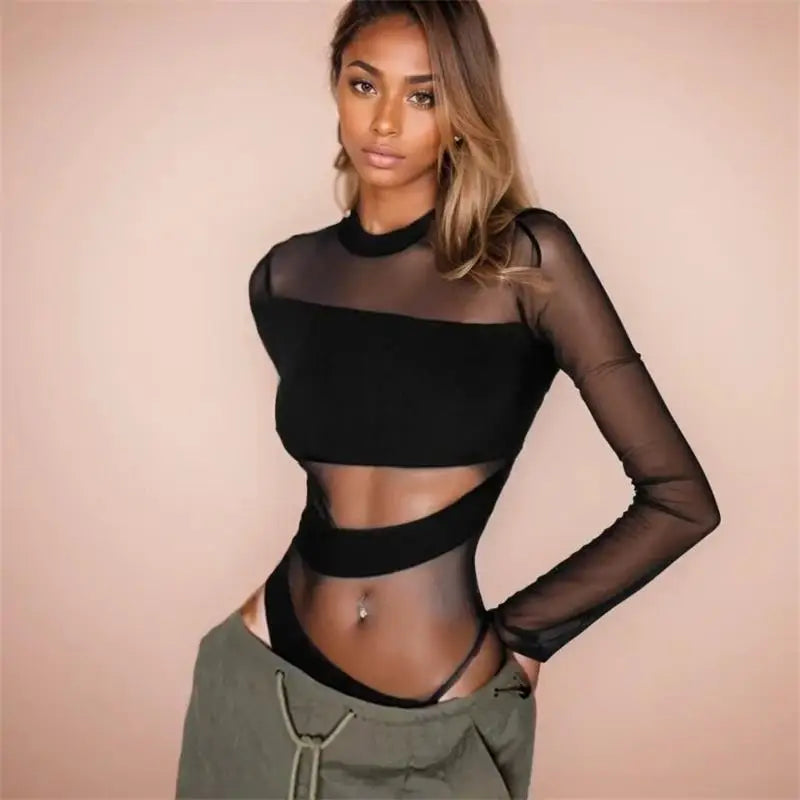 Women Hollow Mesh Club Bodysuit