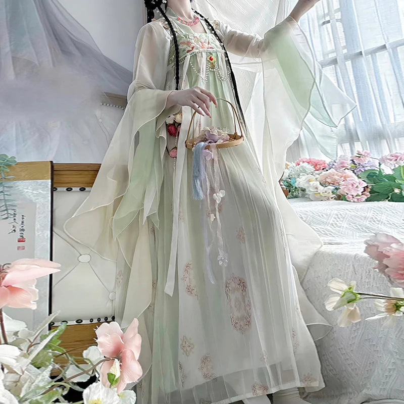 Vintage Chinese Hanfu dress for women, featuring flowing sleeves and delicate floral patterns, perfect for traditional occasions.