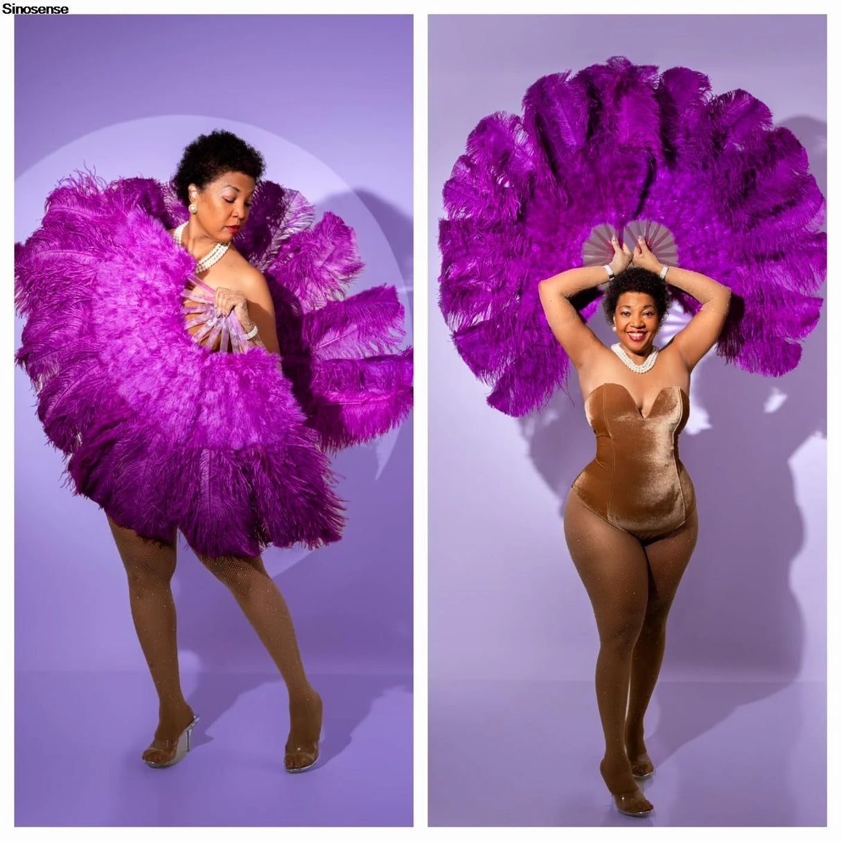 Model showcasing a velvet strapless lace-up bodysuit nightwear, styled with dramatic purple feather fans.