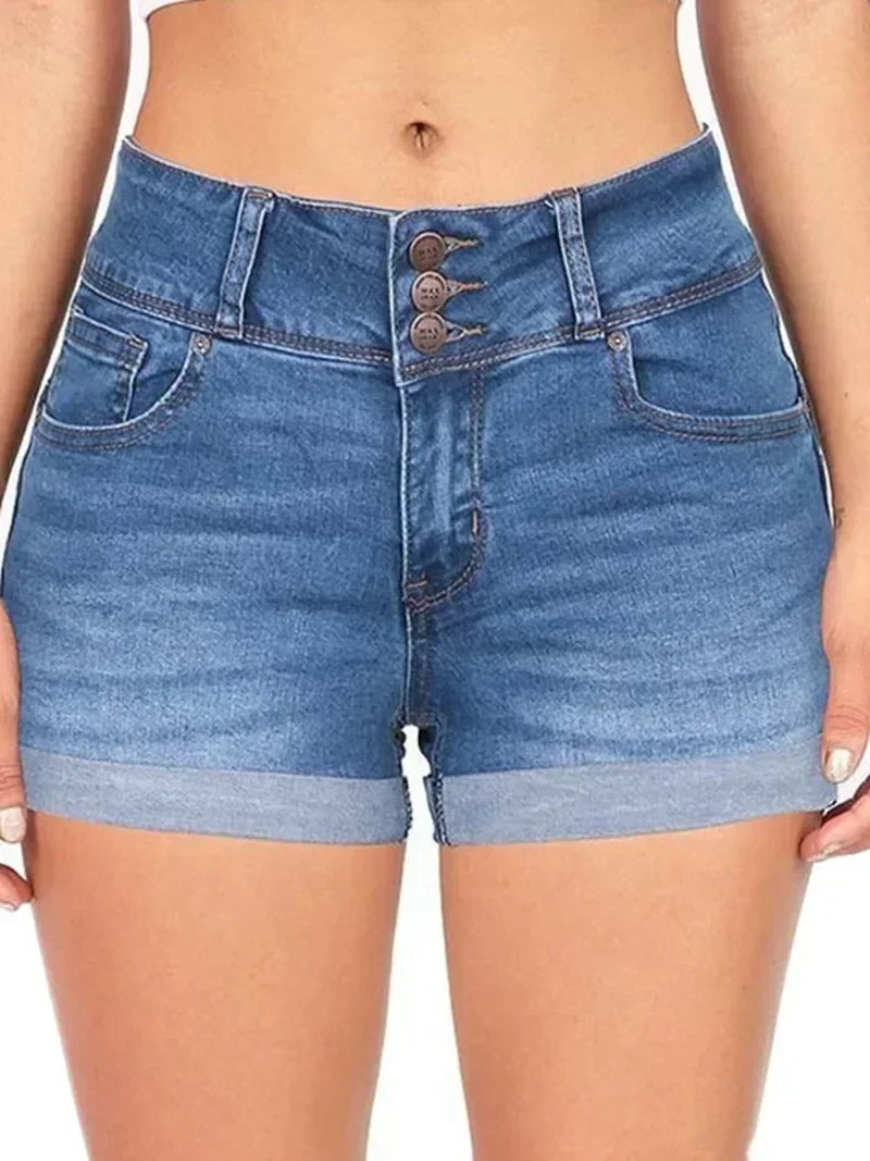 Women Denim Waistband Stretch Shorts