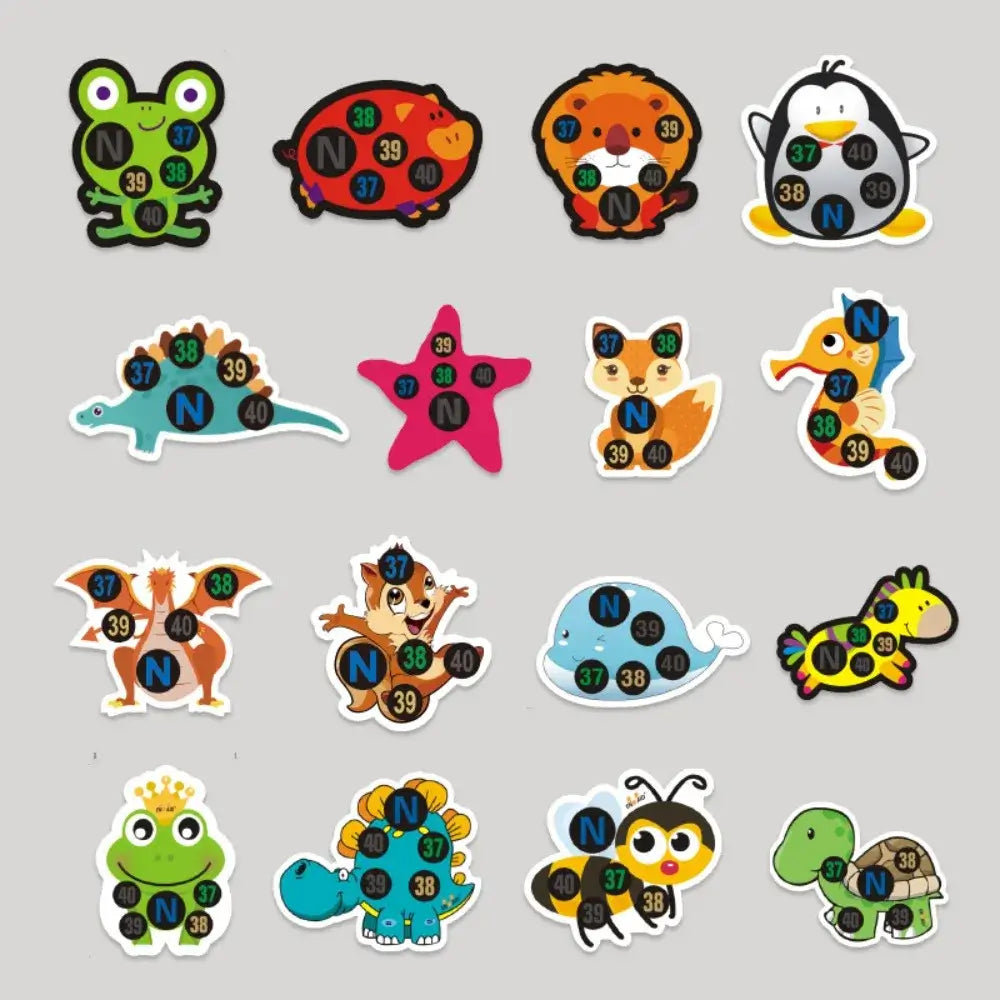 Colorful reusable temperature stickers for children featuring animal designs, ideal for forehead use to monitor health.