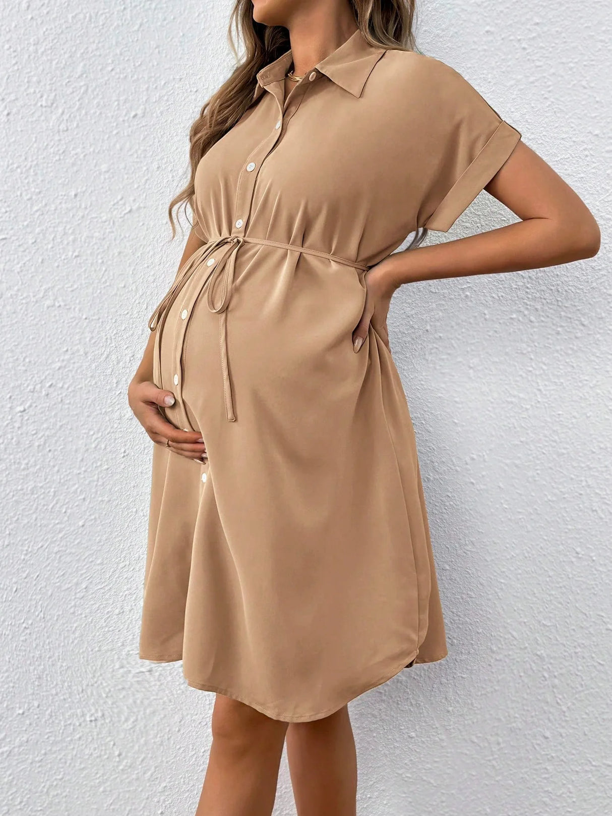 Casual summer striped button shirt maternity dress in natural color, designed for comfort and style during pregnancy.