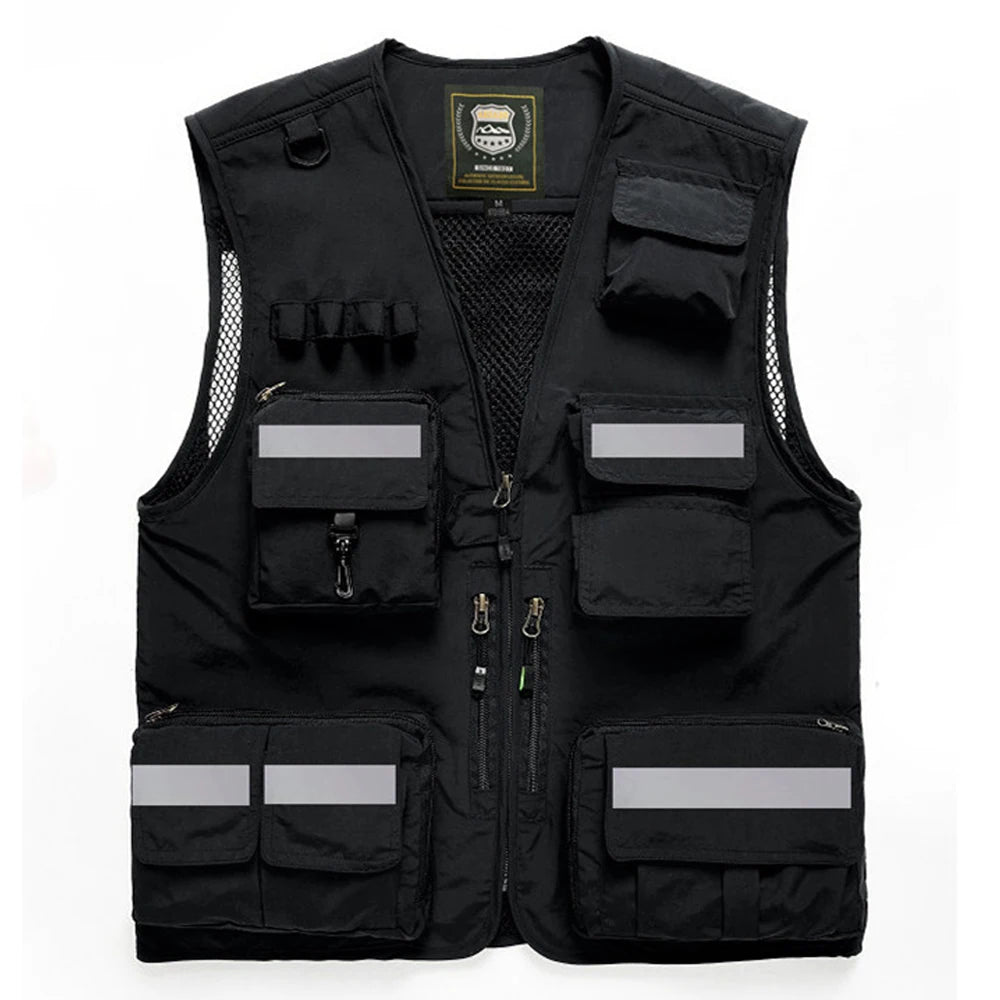 Reflective black work vest with multiple pockets, designed for utility and safety in various work environments.
