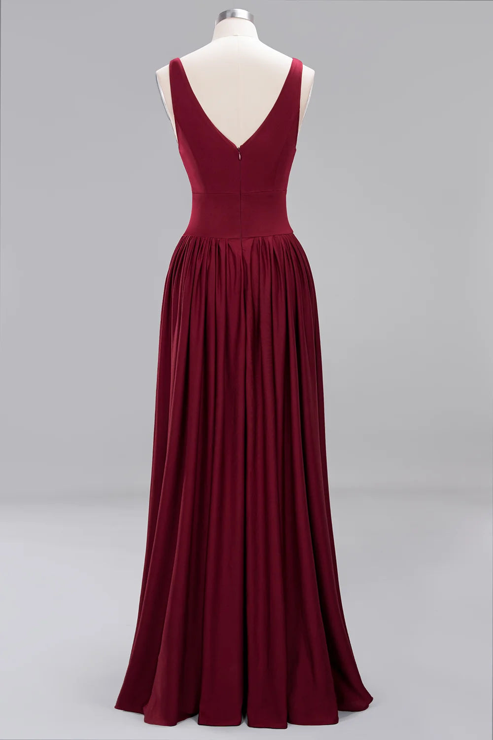 Back view of V-neck burgundy bridesmaid evening dress with pleated floor-length skirt.