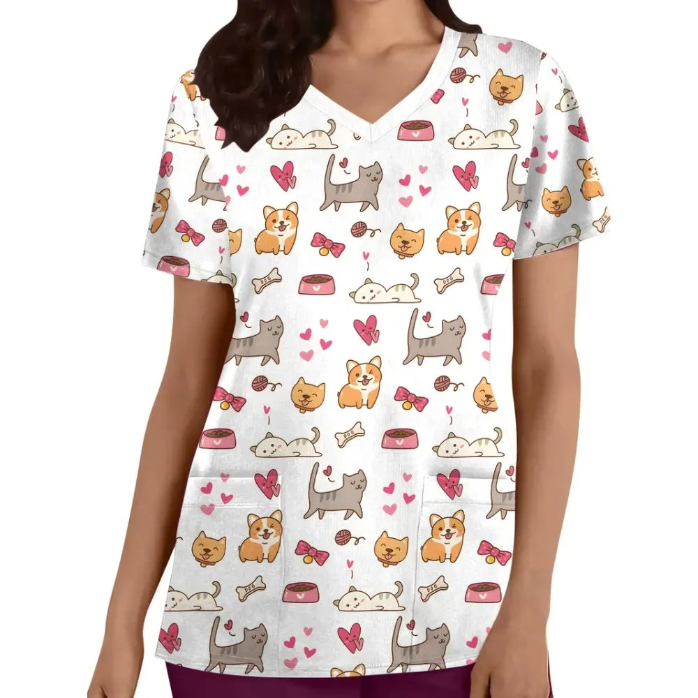 Cartoon cat print short sleeve nurse uniform featuring playful animal designs and a flattering V-neck for women.