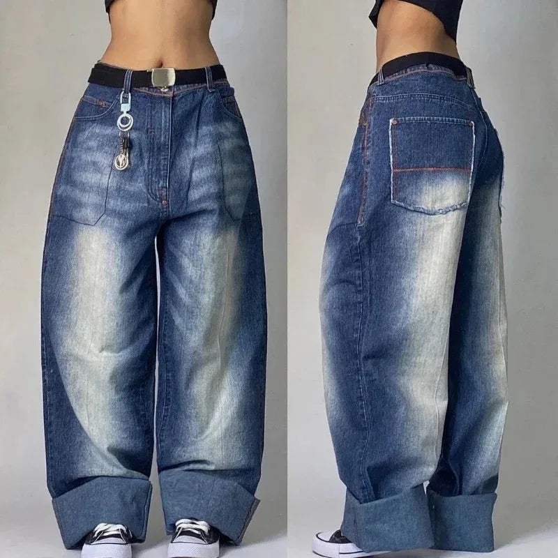 Y2K Multi-Pocket Washed Wide Leg Jeans for Women