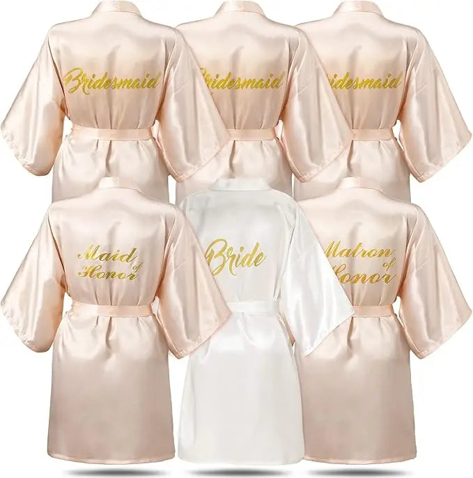 6-piece bridesmaid robe set in satin with titles 'Bridesmaid', 'Maid of Honor', and 'Bride' displayed elegantly.