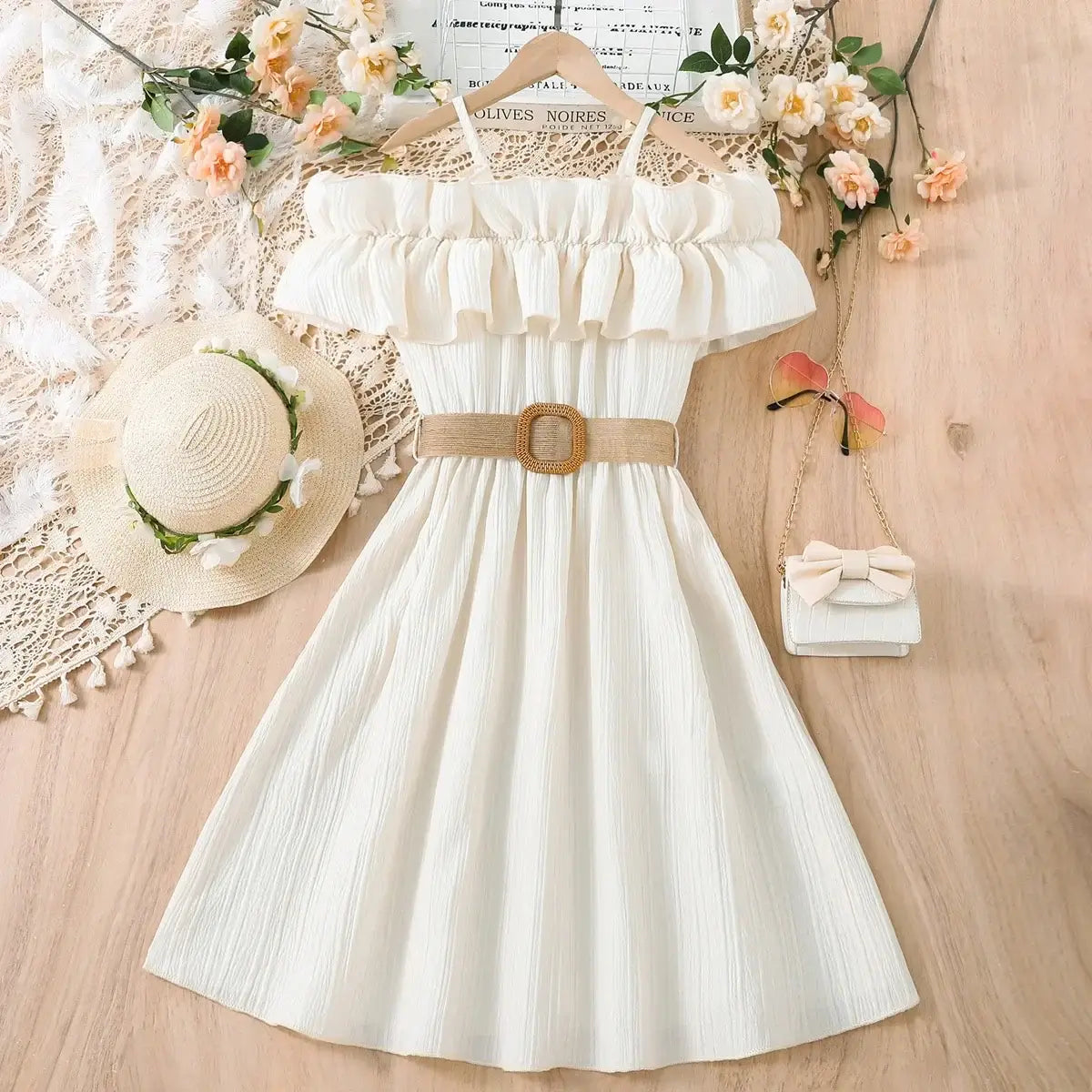 Girls summer casual dress with one-shoulder straps, ruffled neckline, and a belted waist in a light color.