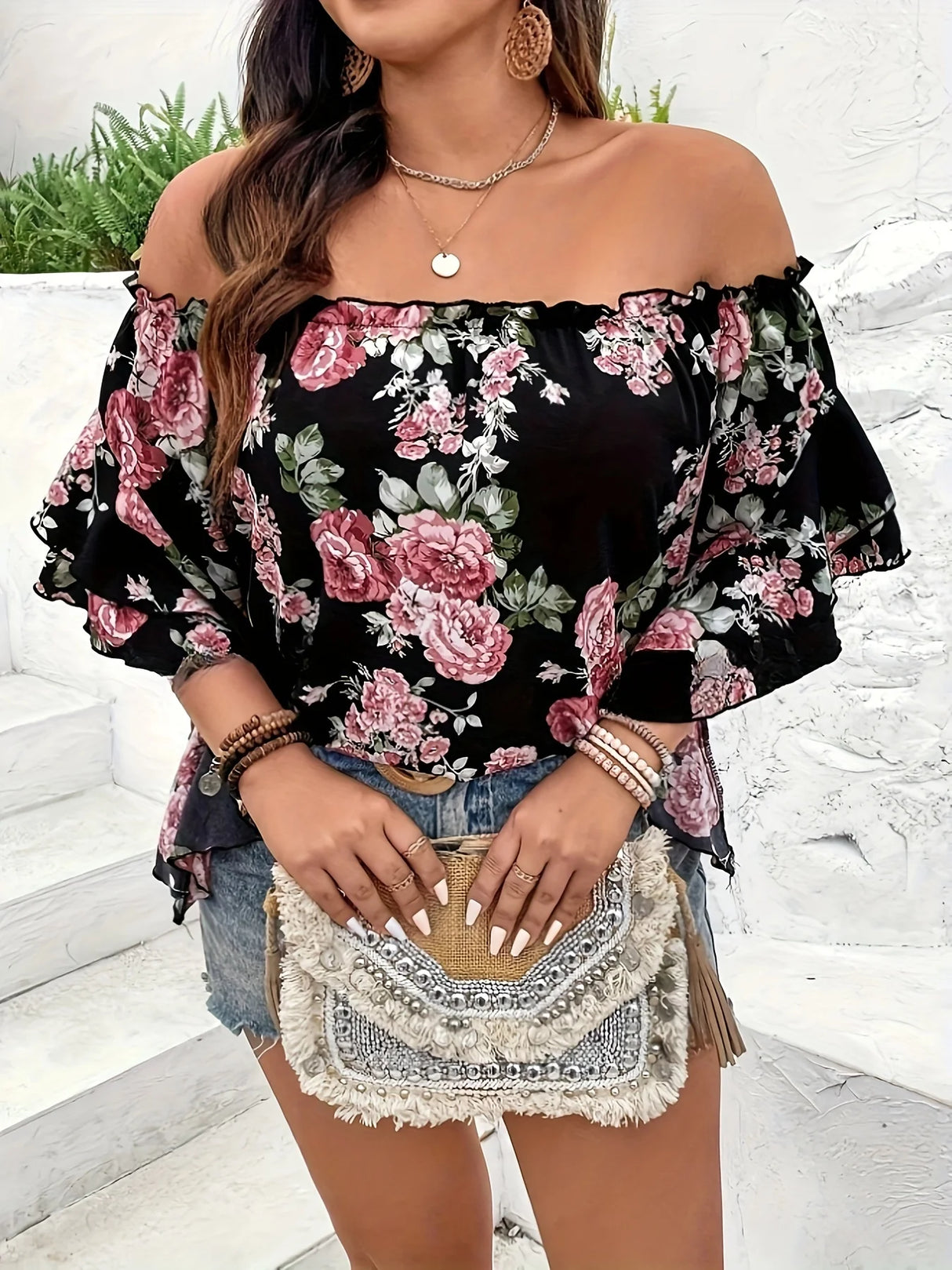 Women Plus Size Floral Off-Shoulder Top