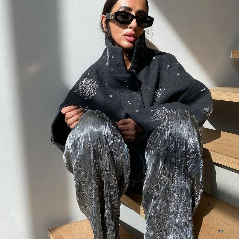 Casual Embroidered Wool Blend Bat Sleeve Coat