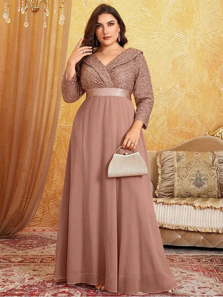 Women Plus Size Chiffon Sequin Long Sleeve Evening Dress