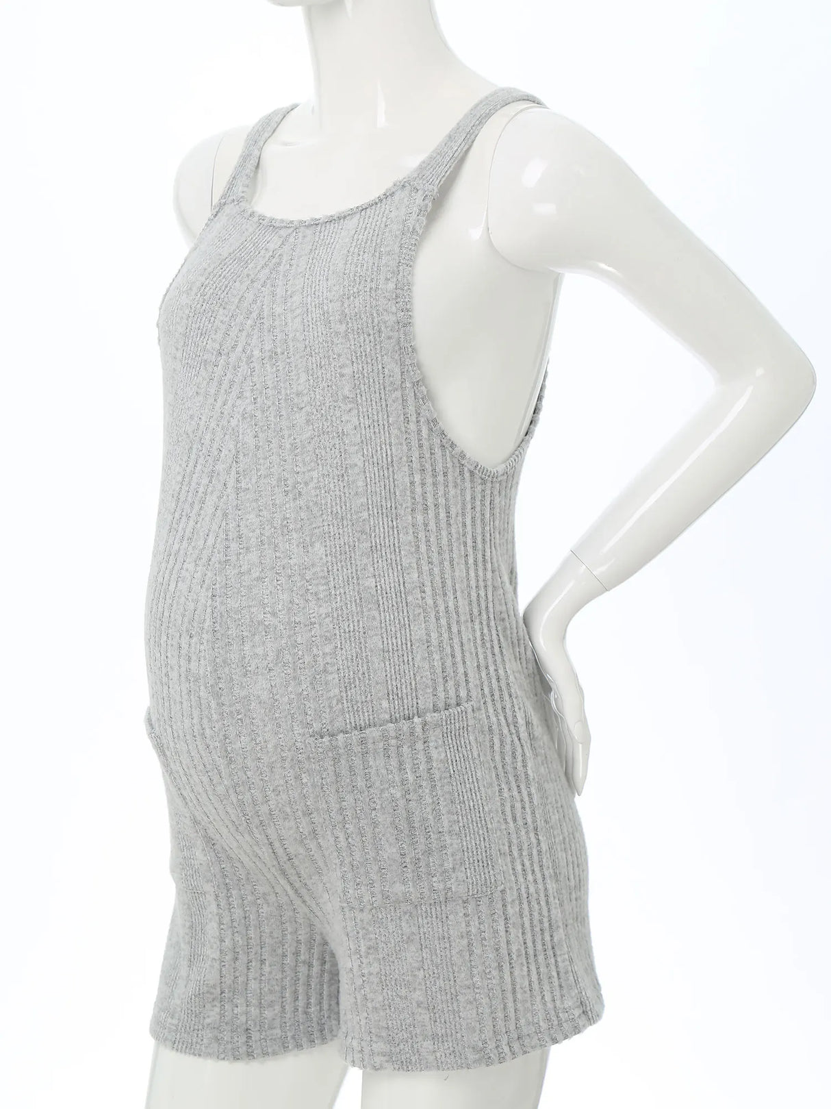 Sleeveless ribbed maternity jumpsuit in gray, featuring a loose fit and pockets, ideal for casual summer wear.