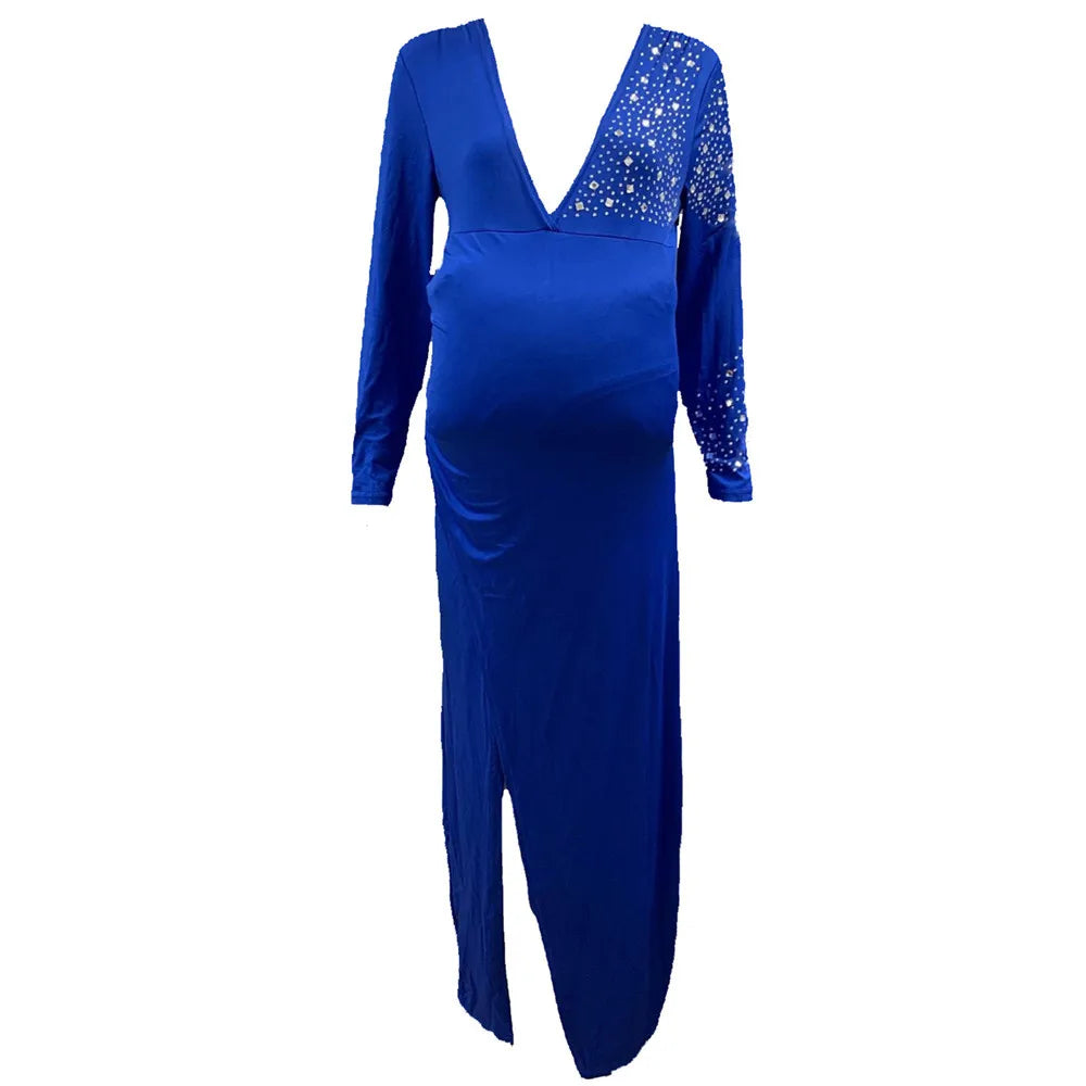 Elegant blue ankle-length maternity dress with V-neck and sequined sleeves, perfect for summer parties and photography.