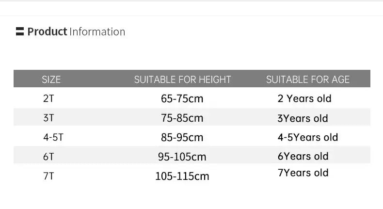 Size chart for children's clothing showing height and age suitability for sizes 2T to 7T.