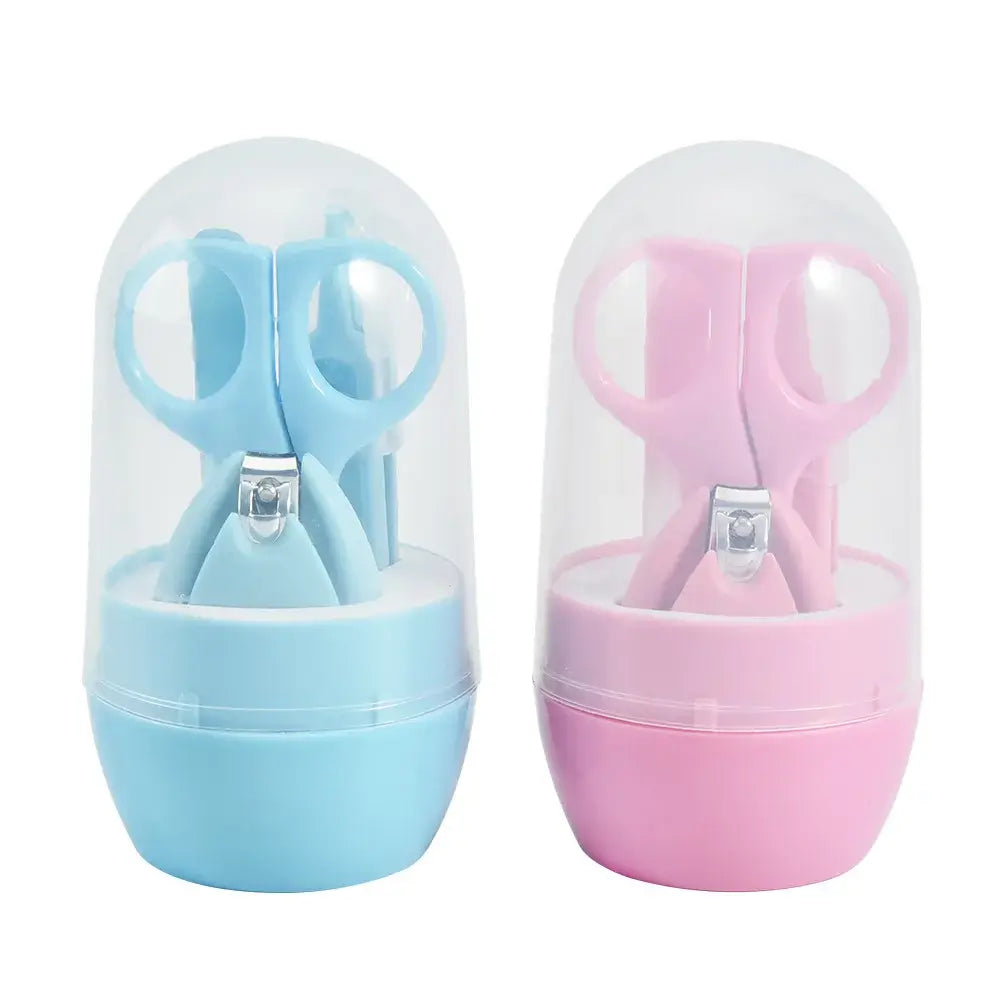 Newborn baby nail scissors in blue and pink cases, perfect for infants and toddlers, made from safe materials.