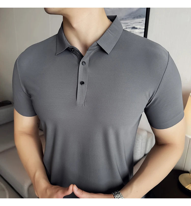 Men Ice Silk Polo Shirt Brown Top
