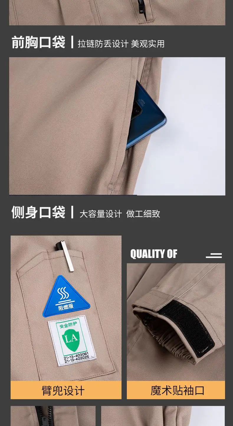 Close-up view of anti-static, flame-resistant welding suit pockets showcasing design and quality details.