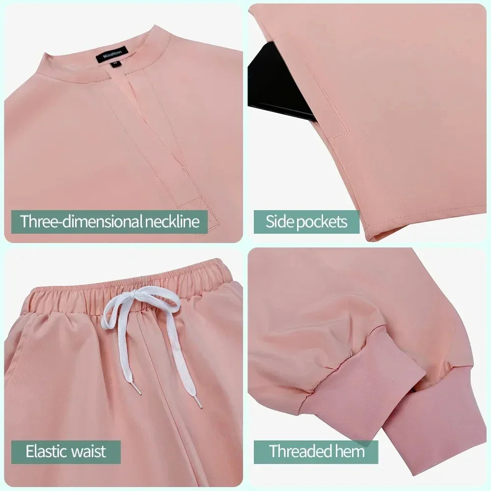 Close-up of features on a pink elastic medical scrub set: three-dimensional neckline, side pockets, elastic waist, and threaded hem.