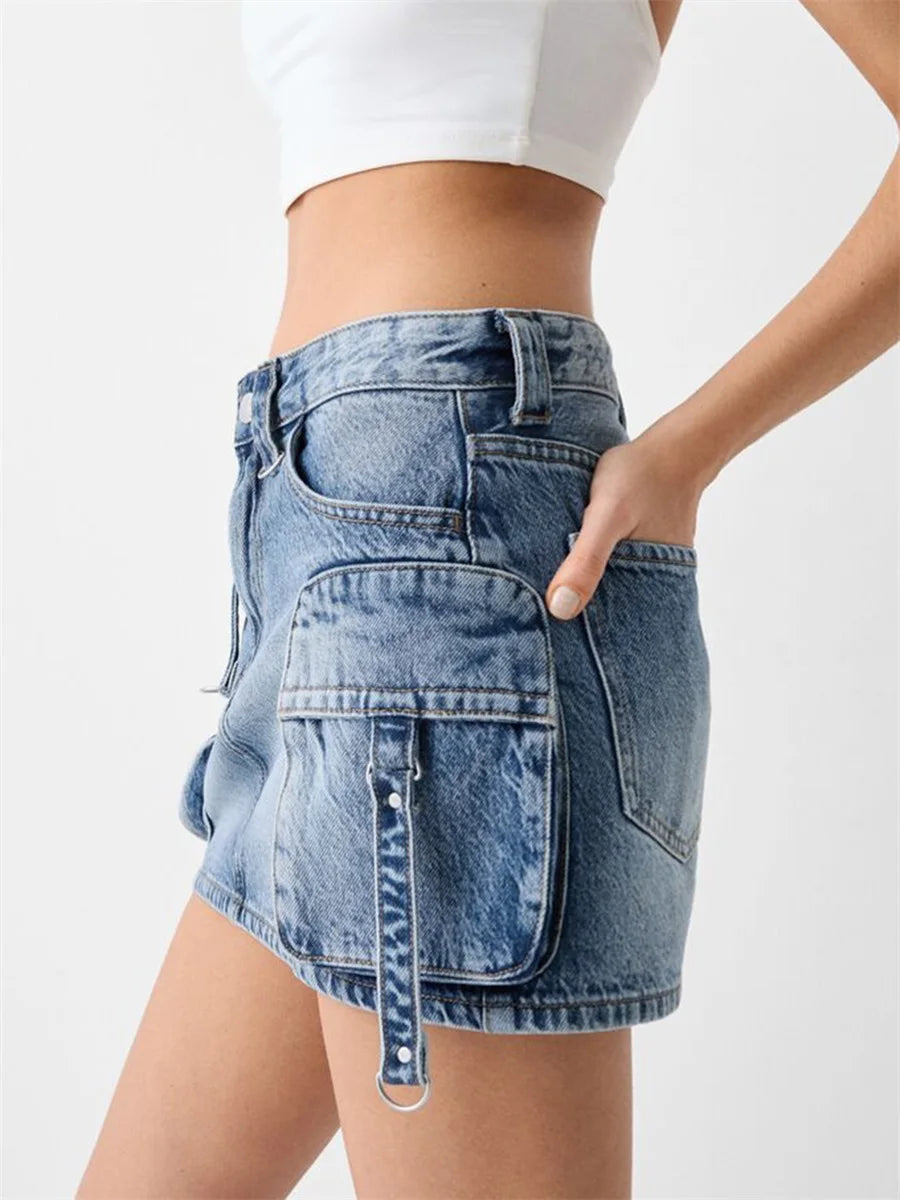 Women Denim Cargo Mini Skirt