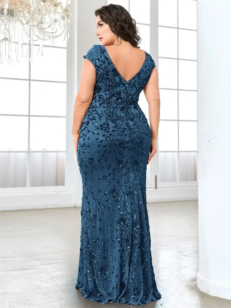 Women Plus Size Mermaid Sequin Formal Prom Dress