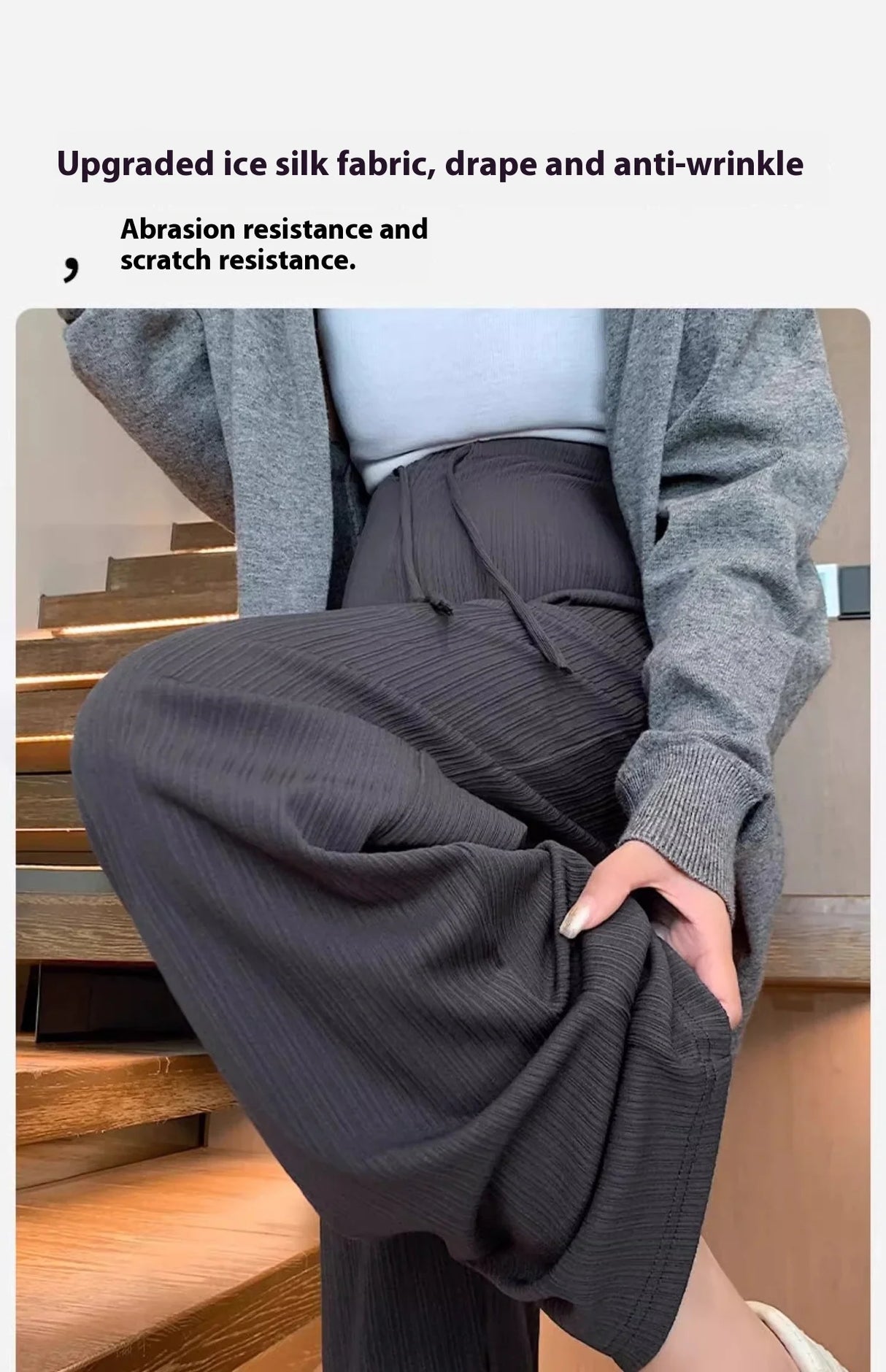 Wide-leg maternity pants made of upgraded ice silk fabric, featuring drape and anti-wrinkle properties.
