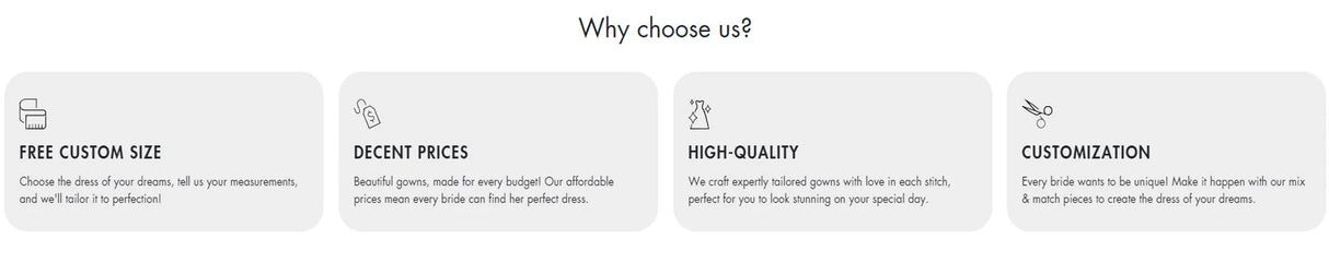Custom size, decent prices, high-quality fabrics, and customization options for wedding dresses.